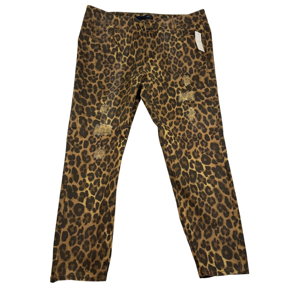 Denim 24/7 Womens 20W Leopard Print Distressed Skinny Jeans Brown Black Ripped